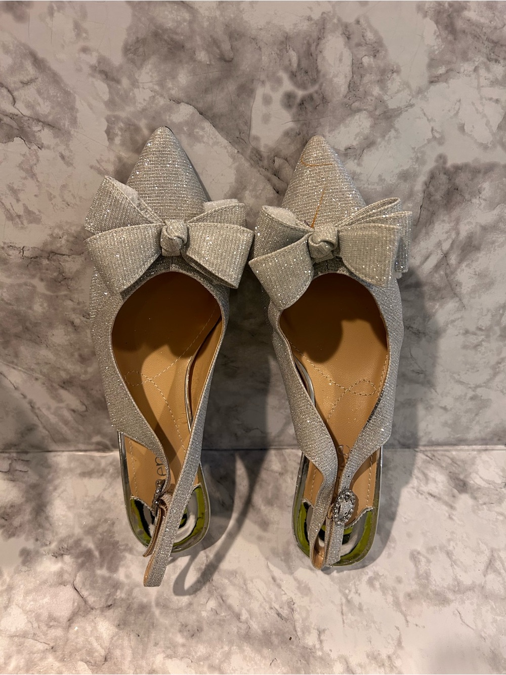 J.Renee Silver Glitter Pointed-Toe Slingback Flats with Bow